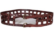Women's Vintage Artisan Leather Belt Double Buckle Large Open Weave Brass Rivets