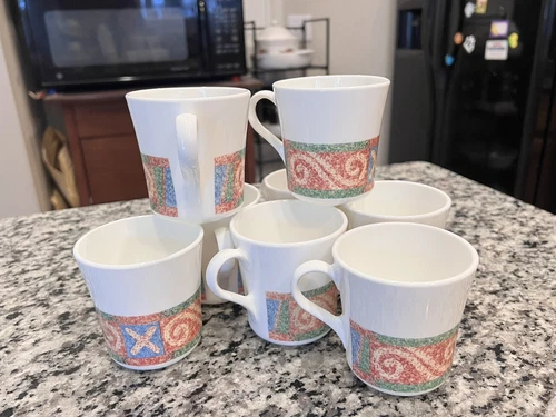 8* Corning Sand Art Coffee Tea Cups Mugs White Green Blue Brown 8 Oz Vtg