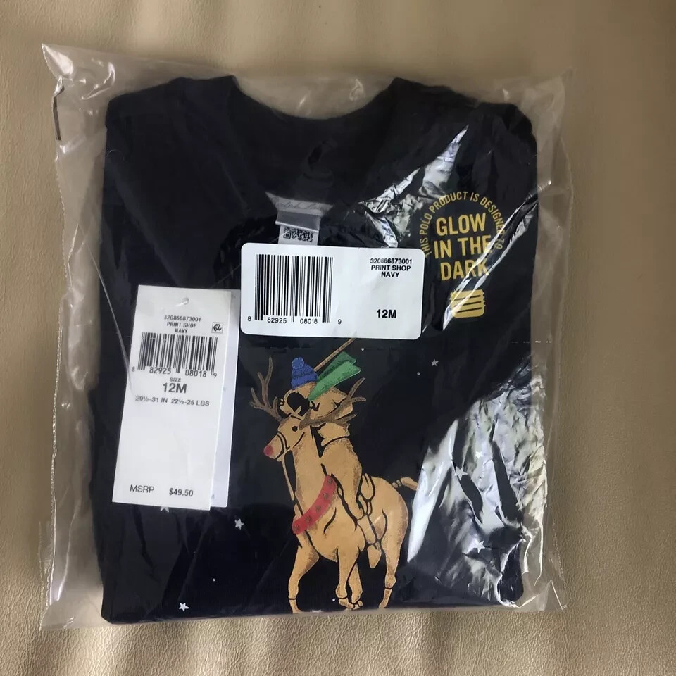 Polo Ralph Lauren Pony Renna Felpa Natale Bambino 12 Mesi Glow in the Dark New