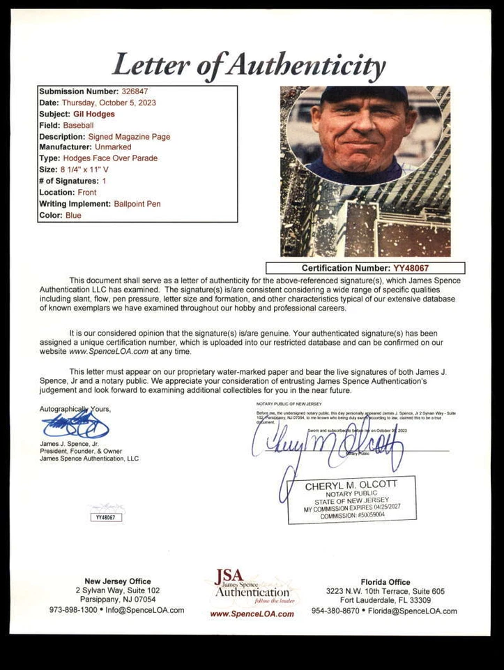 Gil Hodges JSA Cert Signed 1969 Mets 8x11 Photo Autograph - Image 2 of 2