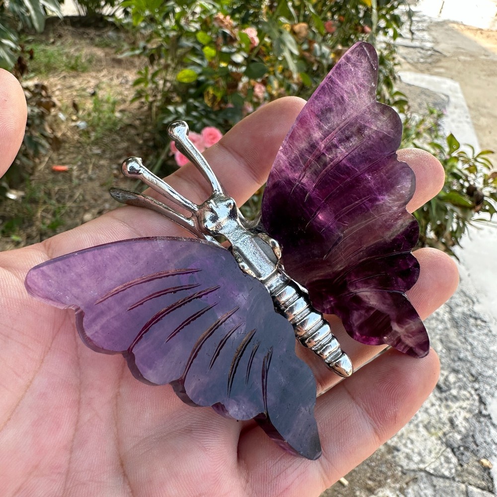 96G Natural Crystal Fluorite Butterfly Wings Healing Statue Decor + Stand
