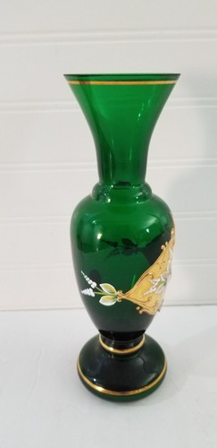 Czech Republic Bohemian Green Glass Vase Gold and Enamel Painted Flowers 9"H - Picture 7 of 11