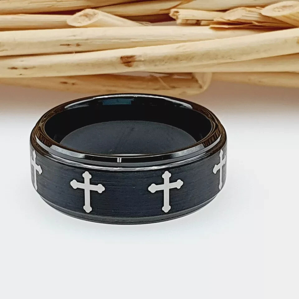 Women's Cross Engagement Ring Multiple Christian Cross Black Tungsten Men Ring