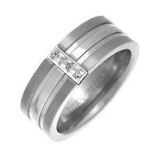 Titanium Diamond Ring Three Band Double Grooved 8mm Band