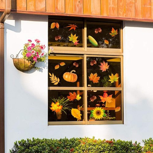 132PCS Fall Leaves Window Clings - Thanksgiving Maple Decorations Yellow - Picture 7 of 7