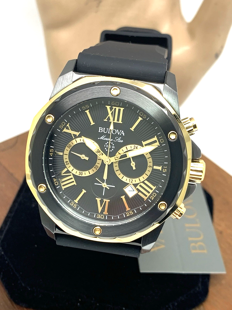 BULOVA 98B278 マリンスター ブラック ゴールド 100m防水 Bulova Marine Star Black Gold Dial Chronograph Silicone Strap