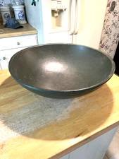 1800S LARGE WOODEN BOWL WITH LIP IN GREEN PAINT 18 1/2" ACROSS