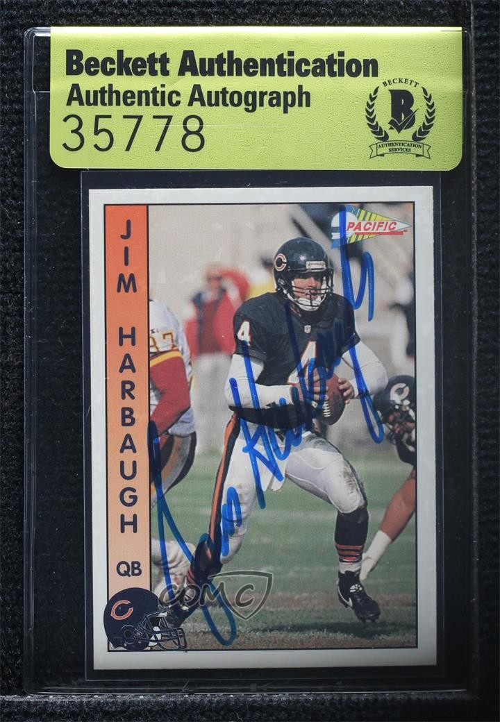 Jim Harbaugh Chicago Bears BAS 1992 Pacific #30 Beckett Auth Sticker Auto ur8 