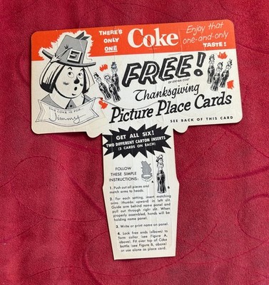 1950s Coca-Cola Coke Thanksgiving Place Cards Pilgrim India, Carton Insert