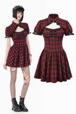 Dark In Love Women Retro Red Black Plaid Cutout Lace-Up Puff Sleeve Mini Dress