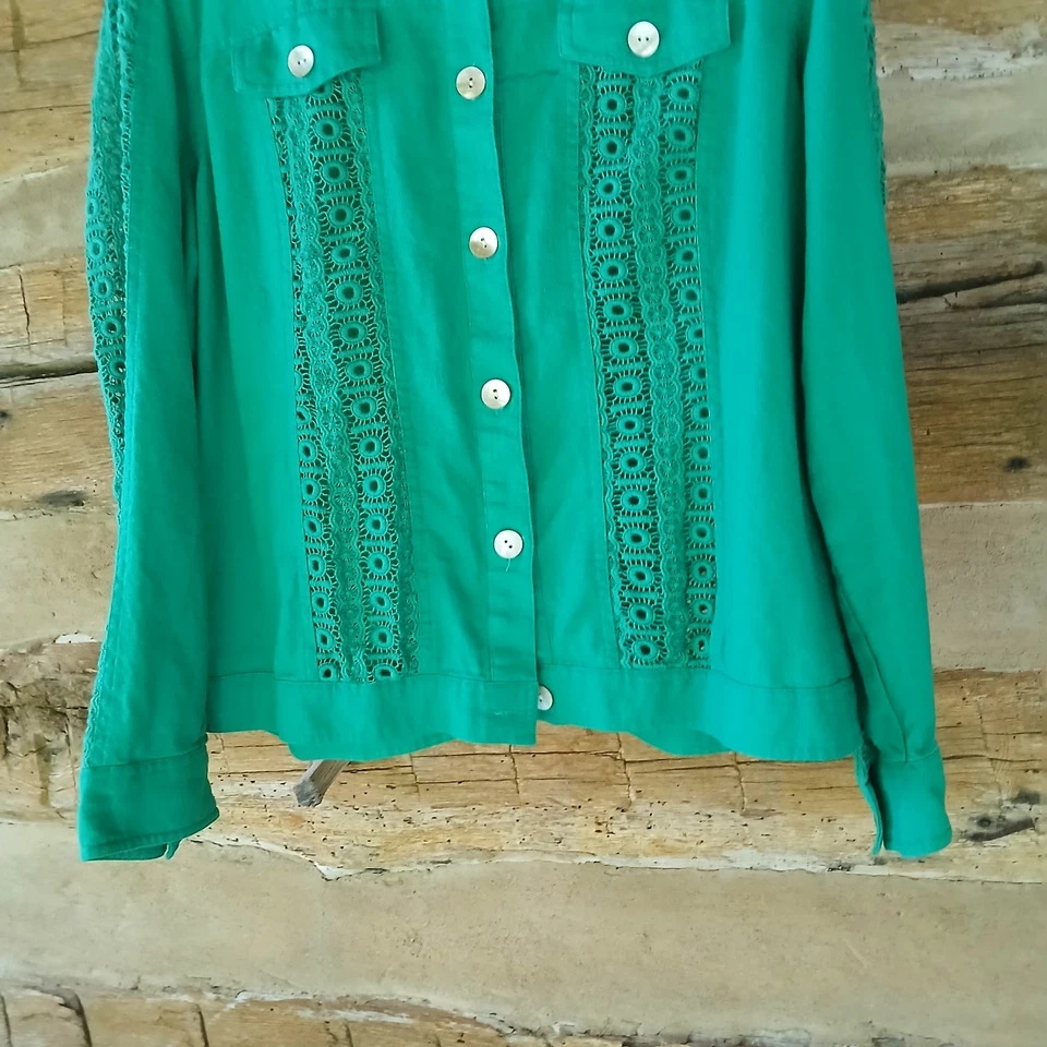Multiples Women's Jacket Lightweight Eyelet Panels Linen Blend Green Size XL Foto 3 de 4