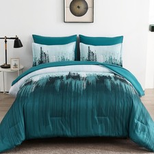 Comforter Set King, Teal Green 7 Pieces Bed in a Bag Colorful Abstract Art Gr...