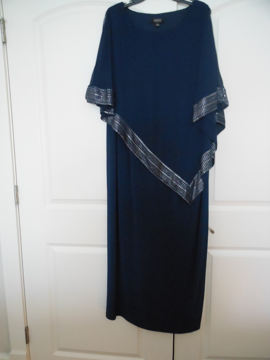 Ignite Evenings Navy Blue Maxi Dress Chiffon Cape with Metallic Trim 18W