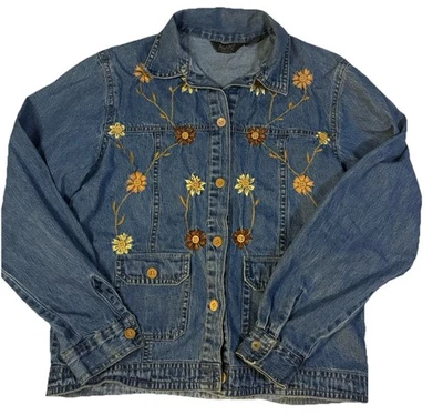 VTG Agapo Collection Floral Embroidered Blue Denim Jean Jacket Womens M - Image 1 of 4
