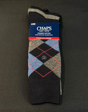 Chaps Premium Dress Socks Men 10-13 Gray Blue Solid & Argyle Logo 3 Pairs
