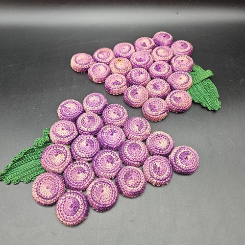 VTG Handmade Crochet Grape Cluster Trivets Set 2 Bottle Cap Art Cottage Core