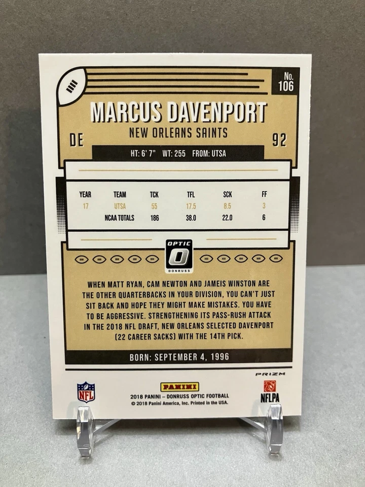 2018 MARCUS DAVENPORT Donruss Optic RC Card# 106 White Sparkle - Image 2 of 3