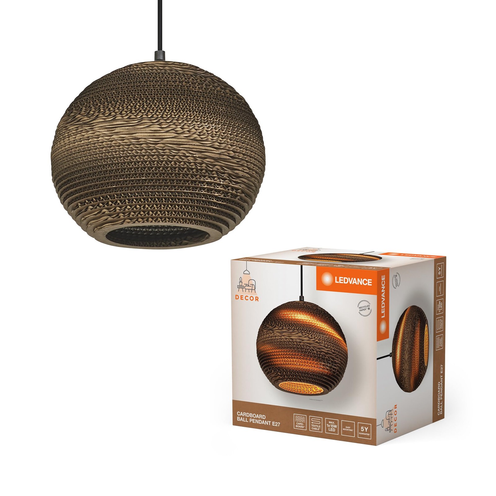 Suspension boule en carton ondulé marron E27 26cm