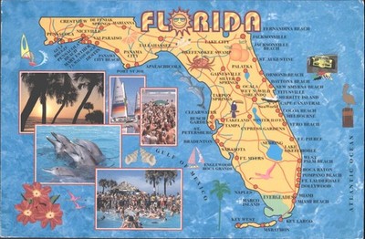 Vintage Suncoast Postkarten Karte von Florida topographisch verschickt 1992