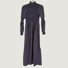 Vintage Prairie 70s Maxi Dress XS Blue Floral Smocked High Neck Talon Cottage