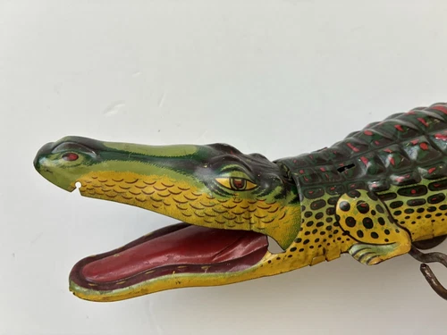 Vintage 15” CHEIN Tin Wind-up Crocodile / Alligator, Missing Tribal Man on Back
