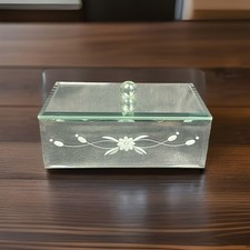 Vintage Mirrored Glass Jewelry Trinket Box Etched Floral Design 5.75  w/ Lid