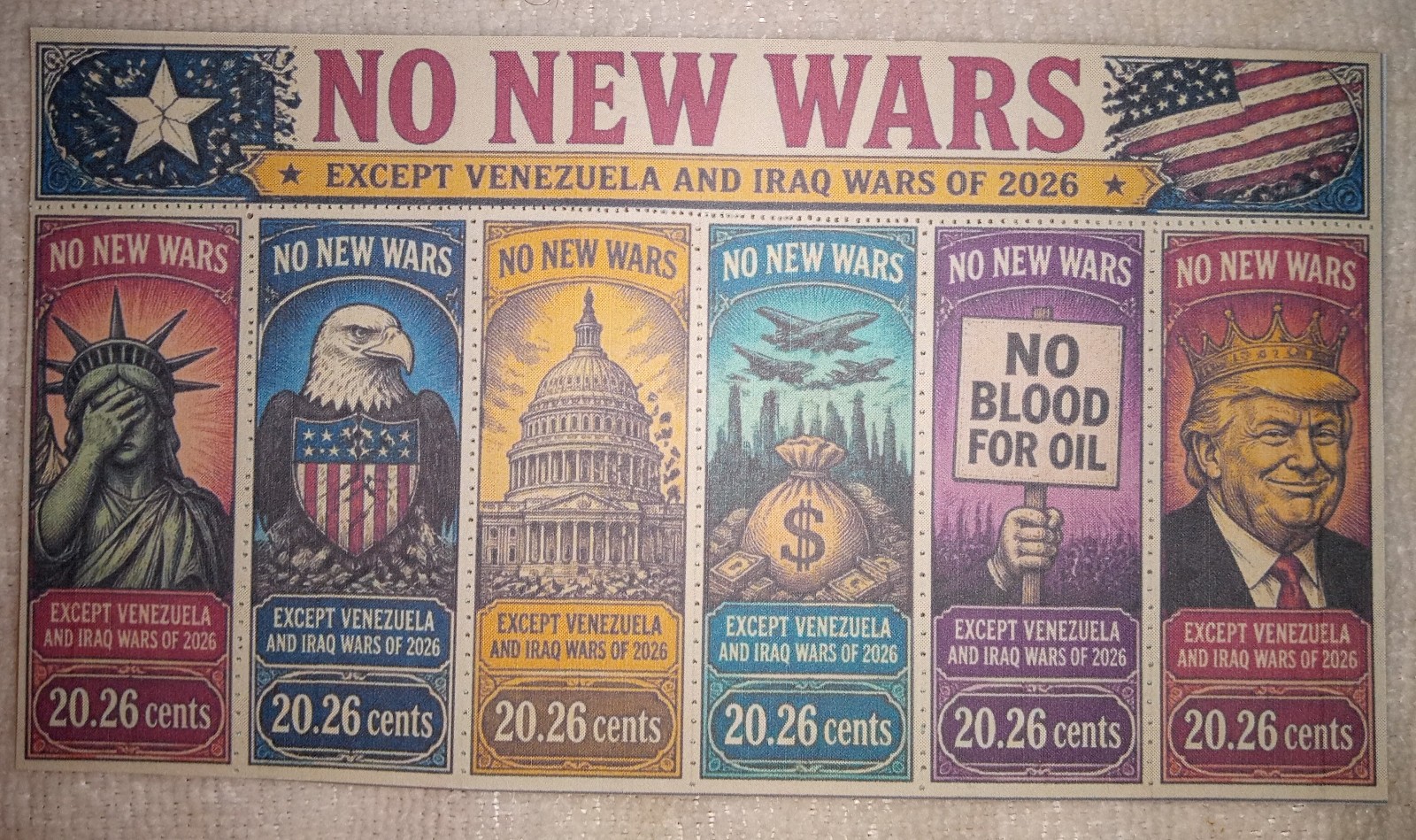 No New Wars, United States Satire, Set of 6 Faux Artistamp Collection