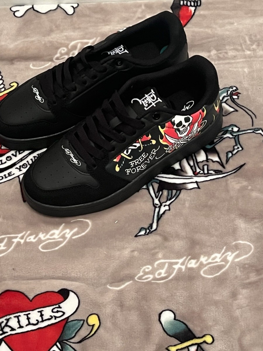 Backside works.「3」2021 ED33 Ed Hardy Skull Flame Sneakers Men Sz 7.5 Black Tattoo Graphic Faux