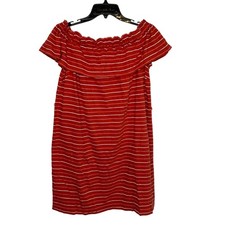 Loft Beach Off The Shoulder Dress Size Large Brick Red & White Striped Vacation 