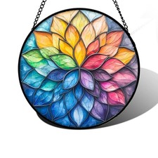 Stained Glass Window Hanging, Colorful Flower Petals Sun 11.8x11.8 IN Green