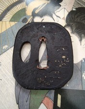 Edo Ferro Tsuba Oro Intarsiato Tracce Wakizashi Spada Guardia Antico Giappone