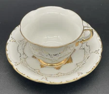 Antique Dresden Style Cup & Saucer Raised Gold Trim w/ Meissen Mark Imitation