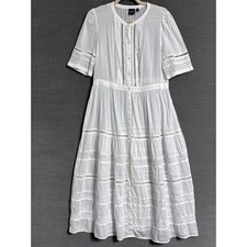 Gap Dress M White Cotton Lace Eyelet Tiered Button Maxi Boho Cottage Feminine