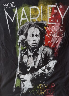 Bob Marley Lively Up Yourself - Jammin Guitar Black Womens T-Shirt Size Large