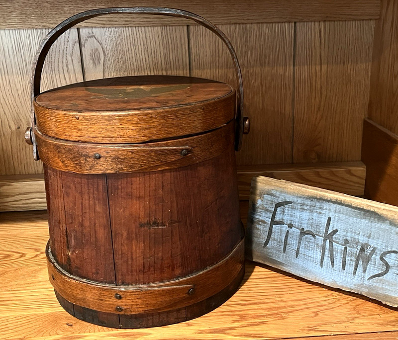 Farmhouse 19TH C Wooden Finger Banded FIRKIN w/handle & pegs 9.5"T x 10"W  Wow