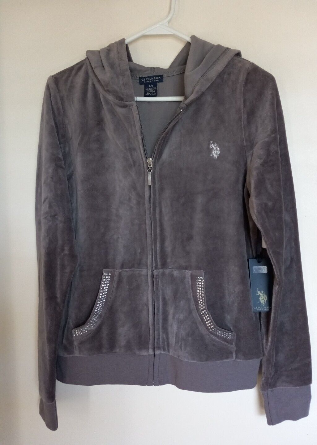 US Polo Assn Girls Gray Fleece Hooded Zip Jacket Juniors Size L NWT