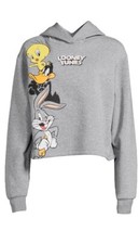 Looney Tunes Womens Jrs Gray Bugs Bunny Crop Hoodie Sweatshirt Size L 11-13 