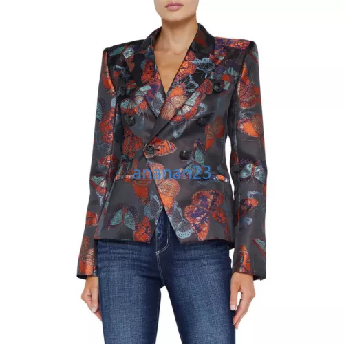 Damen L'AGENCE Jacquard Schmetterling Zweireiher Blazer Jacke Mantel Schwarz Multi - Bild 6 von 16
