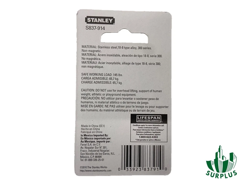 S КРЮЧКИ (10 УПАКОВОК) Оборудование Stanley, 2-1/2 дюйма (64 мм) нержавеющая сталь, S837-914 - Изображение 3 из 3