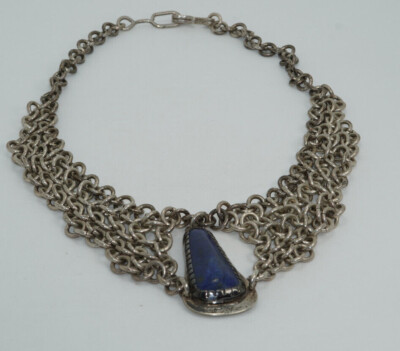 Artisan Jim Coffman Sterlingsilber & Lapis Kettenglied Latz Halskette 1985 
