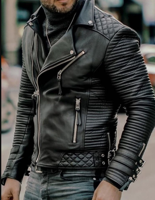 Handmade Mens Black Biker Leather Jacket Black Sheep Leather