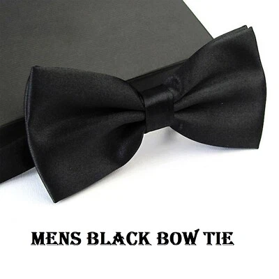 Mens Black Bow Tie Pre Tied Satin Wedding Party Event Dickie Bow Plain Necktie