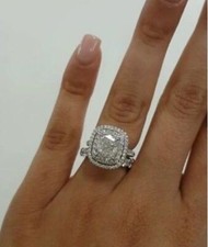 3 Ct Cushion Cut White CZ Double Halo Bridal Engagement Ring Set 925 Silver