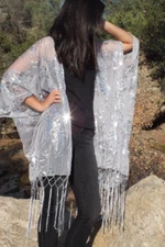 Silver Sequin Lace Floral Festival Kimono Duster Top One size Plus size