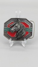 Siskiyou Horse Enamel Belt Buckle F-7 Silver Red Green Metal 3D Vintage 1993