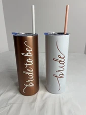 Zonegrace - Bride & Bride to be - 20oz Rose Gold - White Skinny Tumbler w/ Straw