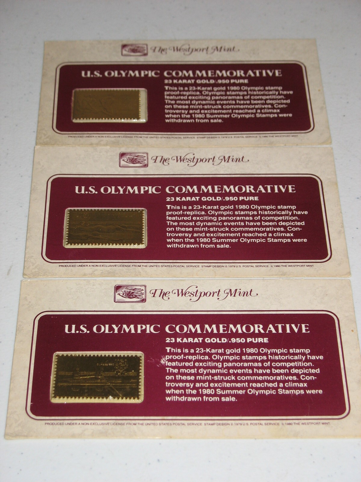 Westport Mint U.S. Olympic 1980 Commemorative 23k Gold Stamps - Set of ...