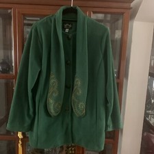 Bob Mackie Wearable Art Fleece Coat Green Long Lapel Collar Scarf New Size Large