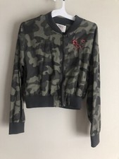 Women s Green Camo Zip Up Bomber Jacket Floral Embroidery Camouflage Size Large