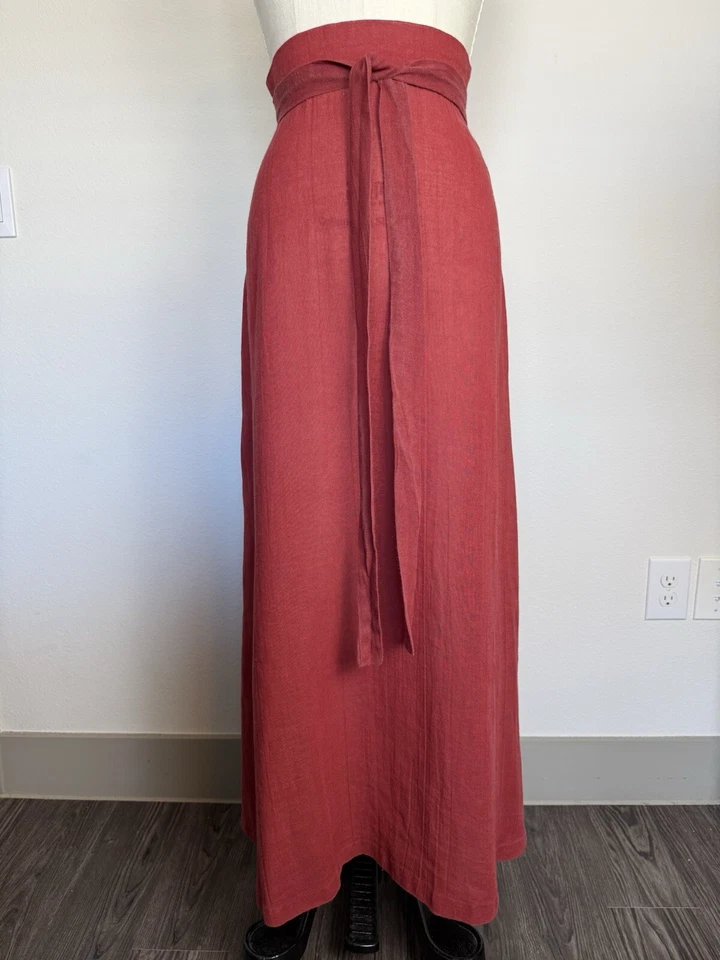 Handmade Rust Red Linen A-Line Maxi Skirt – High Waist, Long Belt, XS/S - Image 2 of 4